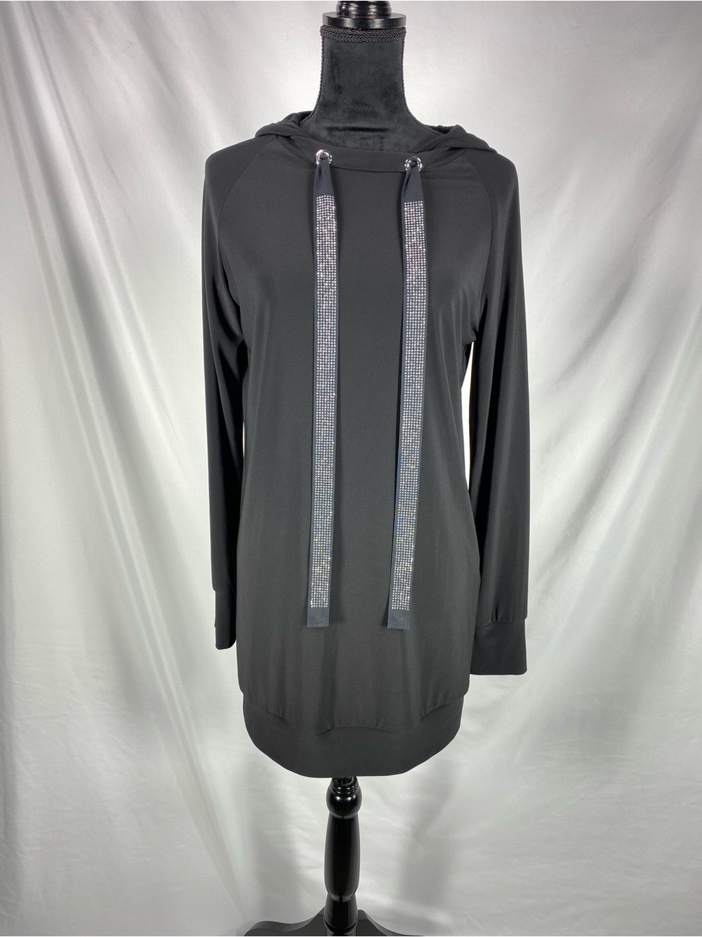 Joseph Ribkoff 8 Black Rhinestone Hooded Tunic Top Long Sleeve Made in Canada